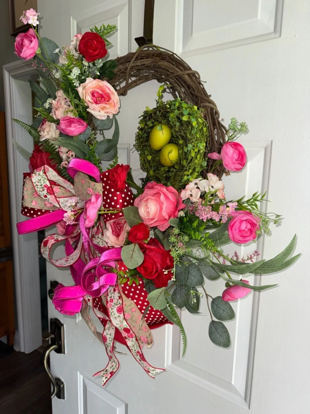 Pink & Red Floral Holiday Wreath with Ribbon Bow